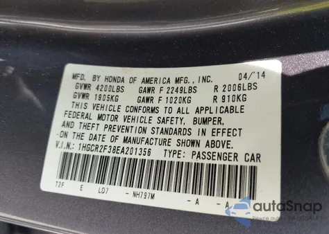 2014 Honda Accord Lx from USA, damaged, VIN 1HGCR2F38EA201356